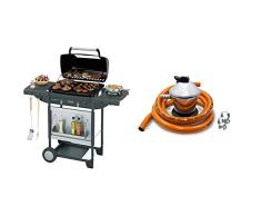 Campingaz Texas Re.Volution S - Barbacoa A Gas Para Piedra Lava, Con 2 Quemadores De Gas Compactos, Quemador Lateral + S&M 321771 Regulador De Gas Butano+ Tubo Goma 1,5 M + 2 Abraz, Gris/Naranja