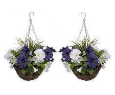 GreenBrokers - Juego de 2 cestas Colgantes de ratán Artificiales Redondas con pétalos de Color Morado Oscuro y Blanco y Hierba Decorativa (2 Unidades)
