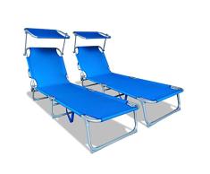 VOUNOT Pack de 2 Tumbonas Plegable, con Respaldo Ajustable y Parasol, para Piscina, Jardin, Playa, 190x58x27cm, Azul