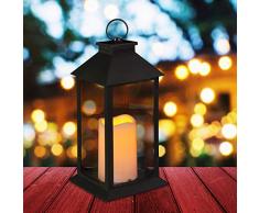 Relaxdays Farol LED de jardín, Vela con Efecto de Llama, Iluminación de Exterior, Colgante o de pie, 30 cm, Negro