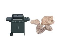 CAMPINGAZ 2 Series Classic Exs Vario Barbacoa De Gas Con 2 Quemador, 7.5Kw De Potencia, Parrilla Y Plancha De Hierro Fundido, 1 Mesa Lateral, 10 Litros, Negro/Gris + 205637 - Piedras Lava, 3 Kg