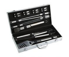 Bruzzzler 200100001147 - Utensilios de acero inoxidable para barbacoa, 16 piezas en maletín, color plata