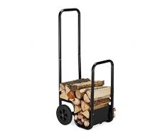 Relaxdays Carro para Leña Acero 2 Ruedas, Carretilla para Almacenaje y Transporte 40kg Leños, Leñero 100x43x40 cm, Negro