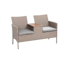 greemotion Banco de Jardín de Poli ratán Paris 2 Plazas, Banco para Exterior de con Mesa de Madera de Eucalipto FSC® 100%, Aprox. 144 x 87 x 65 cm, Marrón