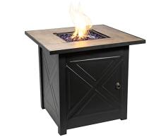 Teamson Home Mesa y Brasero de Gas Propano para Jardín, Quemador para Exteriores, Hoguera sin Humo, Calentador de Muebles de Patio con Tapa, Pantalla de Vidrio, Rocas de Lava y Cubierta