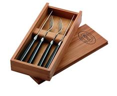 RÖSLE Juego de 4 cubiertos para carne, con hoja afilada de acero especial con tenedor para carne a juego, polioximetileno, incluye una práctica caja de madera