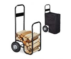 Relaxdays Carro para Leña con Ruedas, Carretilla Leños, Leñero con Funda Protectora, Acero, 60kg, para Almacenaje, Negro