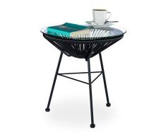 Relaxdays - Mesa Redonda Baja Auxiliar Exterior jardín balcón Raya Tablero Cristal diseño Alto x 46 x 55 cm, Color Negro