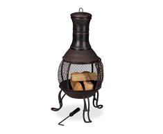 Relaxdays Chimenea Jardín, Estufa Leña, Brasero Exterior, Protección Antichispas, Terraza, Altura 89 cm, Rojo y Bronce