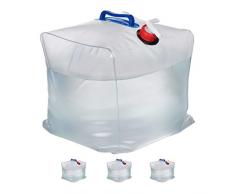 Relaxdays Juego de 4 Botes de Agua Plegables, 20 L, para Grifo y Asas, de plástico sin BPA, Transparente
