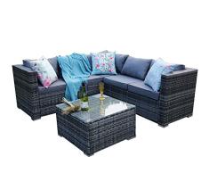 YAKOE 51051 clásica Gama ratán Muebles de jardín con 5 plazas sofá en Esquina Juego de Patio, Gris, 181 x 66 x 64 cm