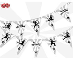 Party Decor Banderines con diseño clásico en blanco y negro de Ninja con texto en inglés Happy Birthday, 15 banderas para simplemente impresionante niño hombre duro decoración de fiesta