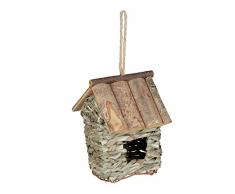 Relaxdays Casa para Pájaros Decorativa de Madera, Corteza y Paja, para Colgar, Balcón y Jardín, 20x13,5x16cm, Natural
