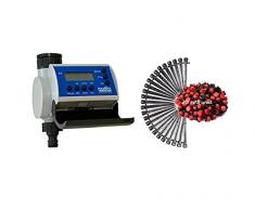 Aqua C4100 Programador de Riego para Jardín, Pantalla LCD, Hasta 8 Arranques por Día, Gris + KITG003 Pack de Goteo para Riego Gota 25 Goteros Regulables de 0 a 70 l/Hora con Estaca, Negro