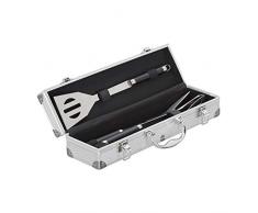 Relaxdays - Utensilios para Barbacoa Set, Profesional, Acero Inoxidable de 3 Piezas, maletín, Pinzas, Tenedor, espátula de Barbacoa, Plata