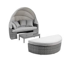 greemotion Isla Sol con Techo Plegable Bali, Conjunto Sofá Redondo de Ratán sintético con Taburete y Mesa, Cama Tumbona Doble de Jardín con Cojines, Antracita/Gris