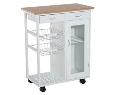 HOMCOM - Carrito de Cocina con Ruedas, cajones y 2 cestas de Madera de Pino, Blanco, 70 x 37 x 85 cm