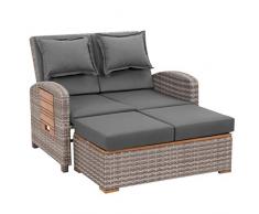 greemotion Sofá Multifuncional Bahia Tobago, Tumbona Cama de día Doble de Poli Ratán, Sofá de Jardín de 2 Plazas, Taburete Incluido, Gris/Color de Madera