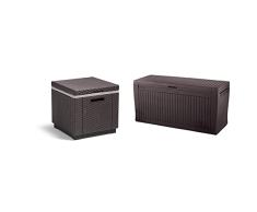 Keter Ice Cube Mesa Nevera para jardín, 5 litros, Marrón, 41x41x41 cm + Comfy Arcón Exterior, Capacidad 270 litros, Color marrón