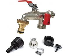 Grifo de jardín Doble Salida 1/2-3/4 + Bonus Pack. con entronque a Manguera + Adaptador a Tubo de Goteo de 12 y 16 mm + Adaptador de microtubo de 4 mm. Todas Las Necesidades en un sólo Producto.