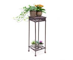 Relaxdays – Taburete cuadrado para plantas, tamaño L: 72,5 x 24 x 24 cm, hierro fundido, jardín terraza patio, 2 depósitos, mesa auxiliar, color marrón oscuro/bronce