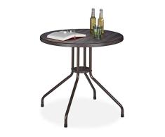 Relaxdays Mesa Jardín, Efecto Madera, Mesita Exterior Redonda, Plástico/Metal, Mueble Balcón Resistente, 75x80cm, Marrón