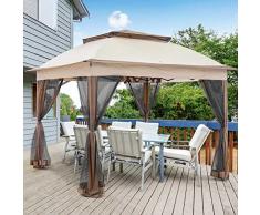 BAKAJI Gazebo de 3 x 3 Metros Plegable con mosquiteras de Tela de poliéster Impermeable, Estructura de Metal Plegable para acordeón, Carpa portátil, Feria, Mercado de jardín, Exterior, Funda Beige