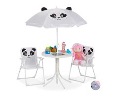 Relaxdays Mobiliario Infantil para Jardín, Sombrilla de Playa, Sillas Plegables, Mesa para Niños, Oso Panda, Blanco, Hierro, 4 Uds