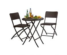Relaxdays Set Muebles de jardín Bastian, Plegable, 3 Partes, óptica ratán, Mesa 75,5 x 60 x 60 cm, marrón