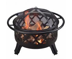 Teamson Home Jardín 76cm Brasero de Leña Grande, Hoguera para Leña Al Aire Libre, Meubles De Exterior, Chimenea, Calentador De Hoguera, Quemador de Leña , Metal con Tapa y Atizador