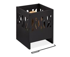 Relaxdays Brasero Exterior, Chimenea Portátil con Atizador y Rejilla, 53 x 40 x 40 cm, Estufa Jardín y Terraza, Negro