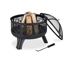 Relaxdays Brasero Exterior con Protector Antichispas, Cuenco Fuego Jardín y Terraza, Atizador, Circular, 60x60 cm, Negro