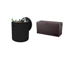 Keter - Mesa nevera para jardín Cool Stool, Capacidad 39 litros, Color marrón + Comfy - Arcón exterior, Capacidad 270 litros, Color marrón
