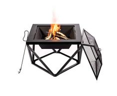 Teamson Home Jardín, Brasero de Leña Grande, Hoguera para Leña Al Aire Libre, Meubles De Exterior, Chimenea de Metal, Calentador De Hoguera, Quemador de Leña con Atizador y Tapa, Negro Geométrico
