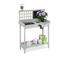 Relaxdays Mesa de jardín con Bandeja de 2 Niveles, Mesa de Trabajo con cajón, Madera, 121 x 92 x 42,5 cm, Color Gris y Verde