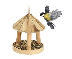 Relaxdays Comedero pájaros, Redondo, Madera, Alimentador Aves, Colgante o de Pie, 21x18cm, Bandeja Alimentos, Natural, 1 Unidad