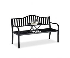 Relaxdays, Negro, Banco Jardín y Terraza de 3 Plazas con Mesa Plegable, Acero, 90 x 150 x 57,5 cm