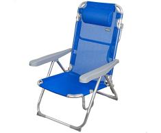 Aktive 62635 - Silla playa plegable reclinable | Silla plegable alta con cojín | 5 posiciones color azul, con asa de transporte, 48x60x90cm | Sillas playa plegables ligeras