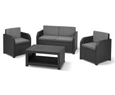 Keter Allibert by Modena - Juego de Muebles de jardín de plástico, Incluye Cojines de Asiento, 4 Piezas, 2 sillones, sofá y Mesa, para jardín, balcón y terraza, Aspecto de ratán Plano
