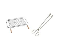 Sauvic 02722 Parrilla Barbacoa Extensible 50X40 Zinc, Acero, 53.50X62.50X3.00 Cm + 04468 Pinza con Pala Larga 18/8, Acero Inoxidable, 35.00X8.00X3.50 Cm