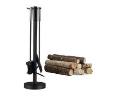 Relaxdays Juego de Utensilios de Chimenea Moderno, Acero y Acero Inoxidable, Negro, 4 Unidades