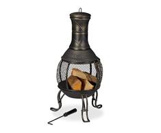 Relaxdays Chimenea Jardín, Atizador, Rejilla, Protección Antichispas, Terraza, Patio, Estufa Antigua, Altura 89cm, Dorado