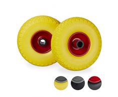 Relaxdays Set de Dos Ruedas de Carretilla, Neumático de Goma 3.00-4, Eje de 25mm, hasta 100 kg, Amarillo-Rojo