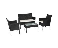Conjunto CORFOU de sillas y Mesa para jardín, en Resina Trenzada de Color Negro con Cojines Blancos (4 plazas)