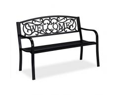 Relaxdays Banco Jardín Welcome, 2 Plazas, Estable, Diseño Rústico, Asiento Metálico, Balcón, Porche, 87x 127x61cm, Negro