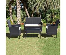 Ribelli Juego de Muebles de jardín de 4 Piezas, Juego de salón, Cojines de Color Crema - en Mimbre PE - Mesa Plus Dos sillas y un Banco - fácil de Guardar (4 TLG. Negro/Crema)