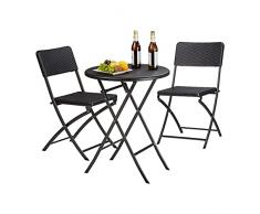 Relaxdays Set Muebles de jardín Bastian, Plegable, 3 Partes, óptica ratán, Mesa 75,5 x 60 x 60 cm, Negro