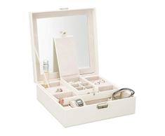 Relaxdays Caja Joyero Grande con Espejo y Llave, Piel sintética, Blanco, 9 x 25 x 25 cm