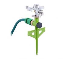 Relaxdays Aspersor Impulso, Pulverizador Jardín, Difusor Agua 360º, 14 m Alcance, Sistema Riego Césped, Verde/Plateado