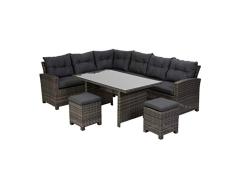 greemotion Conjunto Muebles de Jardín Tessin 5 Piezas, Juego de Sofá Exterior de Poly Ratán para 7 Personas, 2 Sofás, 2 Taburetes y Mesa con Tablero de Vidrio, Gris